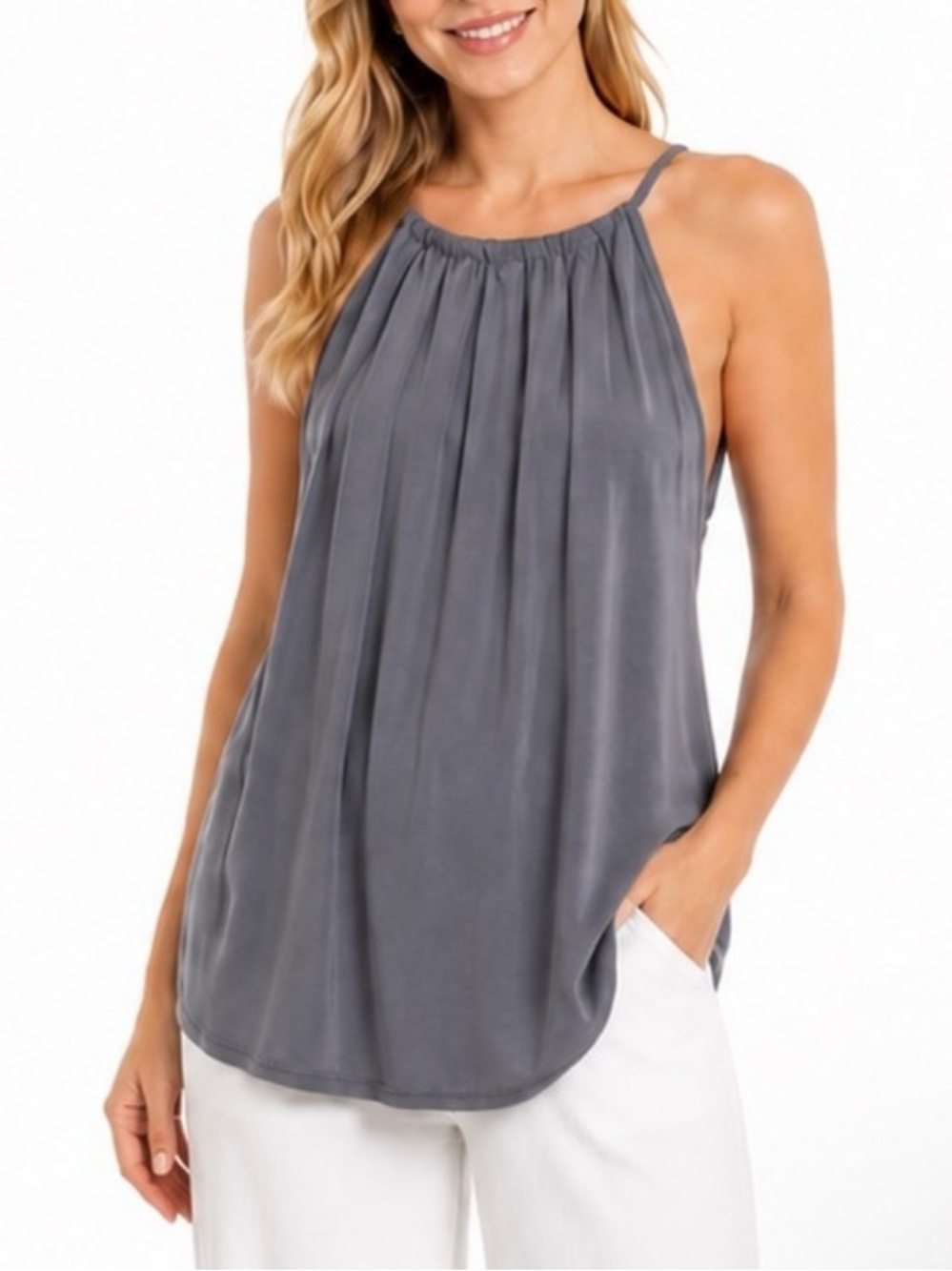 Green Envelope Pleated Halter Top, Sleeveless shirt